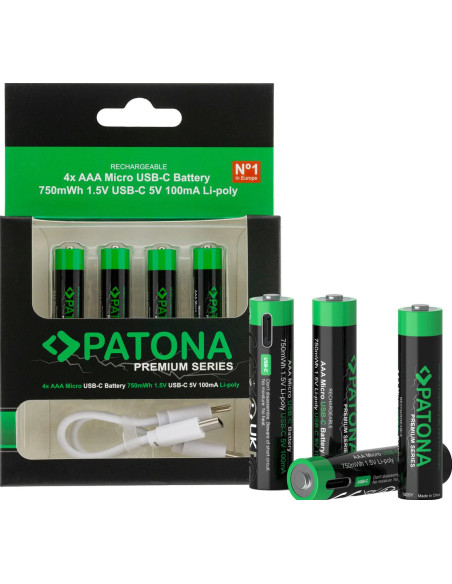Premium 4x AAA Lithium rechargeable batteries with USB-C stand 500mAh 1.5V with cable included