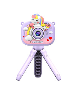 Kids Photo Camera Digital Bubble Micro SD 2 "IPS HD Screen Purple + Cover Unicorn + Tripod