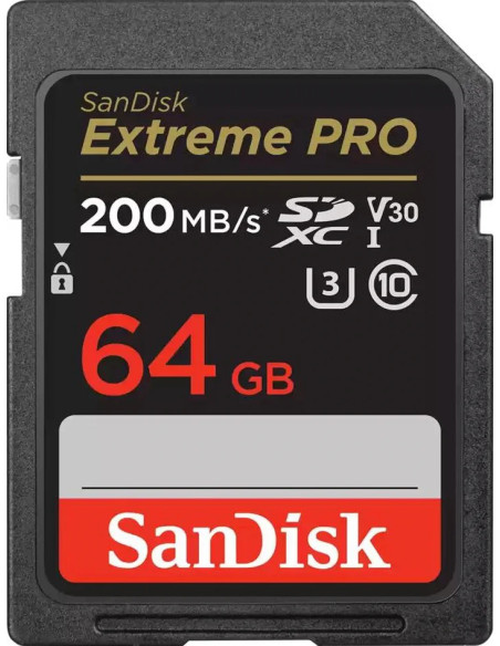 SD Extreme Pro 64GB XC V30, U3, UHS I, C10 - 200MB / s Reading, 90mb / s Writing