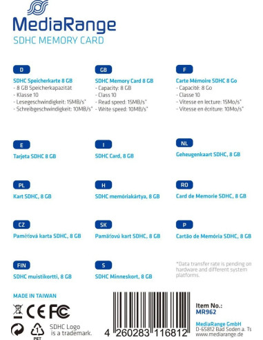 MediaRange MR962 8 GB SDHC Class 10