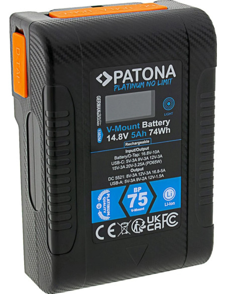 PLATINUM V-MOUNT BATTERY BP-75W PD65 74WH USB-C USB-A 2XD-TAP DC-OUT
