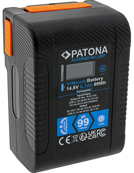 Platinum V-Mount Battery BP-99W PD65 99WH USB-C USB-A 2xD-TAP DC-out included Hard Case