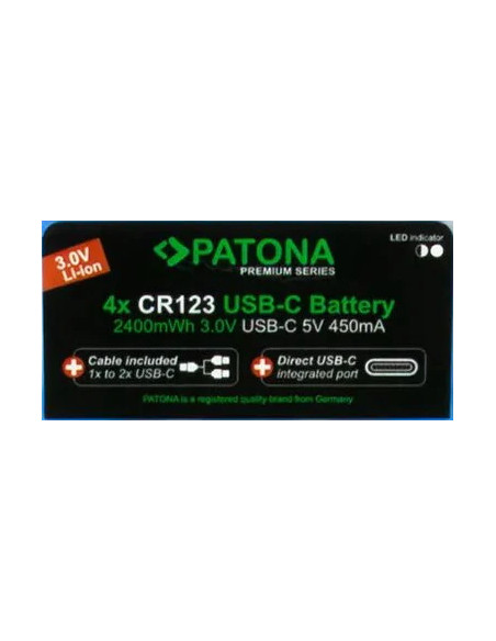 Premium USB-C 4X CR123A Rechargeable Lithium Batteries 2400mWh 3.0V Rechargeable with 1 to 2