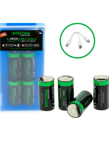 Premium USB-C 4X CR123A Rechargeable Lithium Batteries 2400mWh 3.0V Rechargeable with 1 to 2