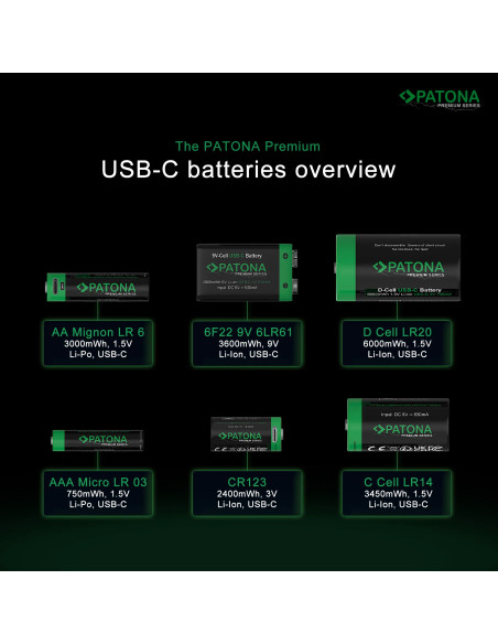 2x 9V Premium USB-C 3600MWH 1.5V batteries