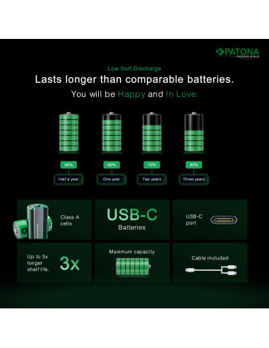 2x 9V Premium USB-C 3600MWH 1.5V batteries