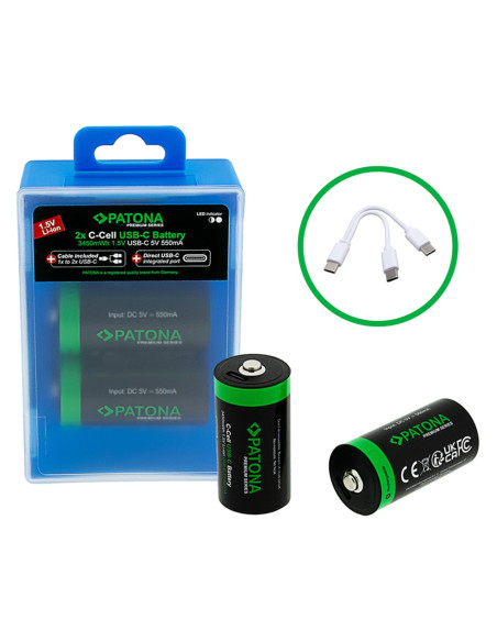 Premium USB-C 2X LR14 Baby C Batteries Lithium 3450MWH 1.5V Rechargeable with 1 to 2 USB-C CH