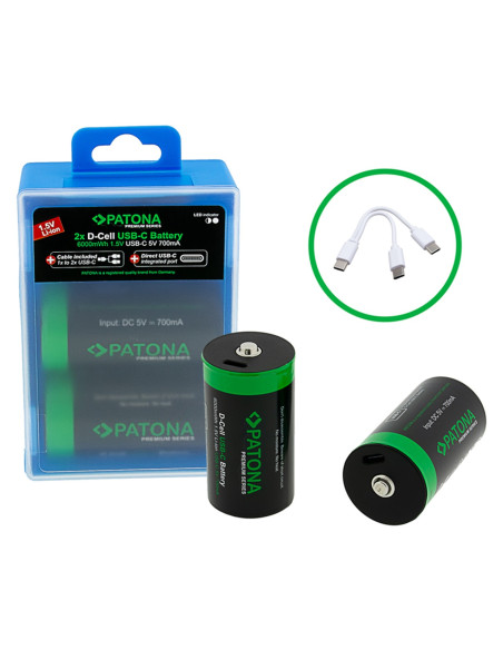 Premium USB-C 2X LR20 Mono D Batteries Lithium 6000MWH 1.5V Rechargeable with 1 to 2 USB-C CH