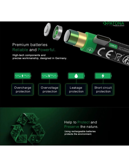 Premium USB-C 2X LR20 Mono D Batteries Lithium 6000MWH 1.5V Rechargeable with 1 to 2 USB-C CH