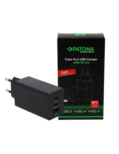 Premium Power Supply Gan PD65W Black 2xusb-C 1xusb-a PD3.0 QC3.0 Black