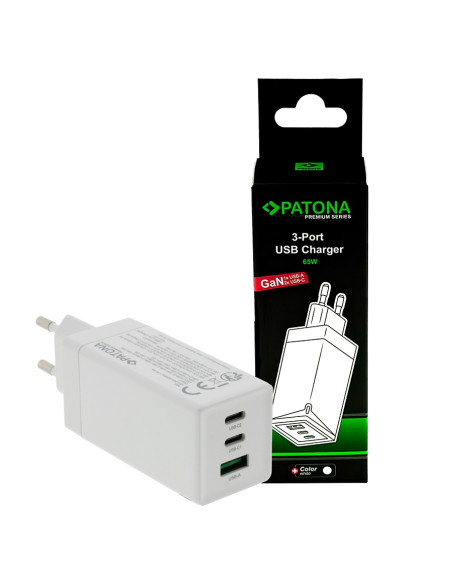Premium Power Supply Gan PD65W Black 2xUSB-C 1xUSB-A PD3.0 White QC3.0