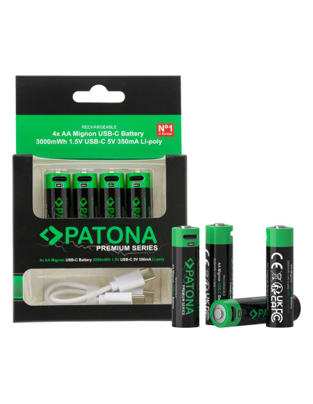 Premium 4x AA Lithium rechargeable batteries with USB-C 2000mAh 1.5V port with cable included