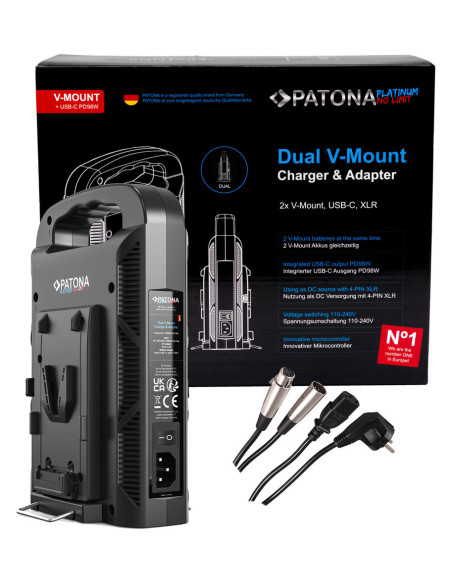 Platinum 2-channel charger for V-Mount 6A * 2 USB-C: PD100W Out including 4-pin XLR cable