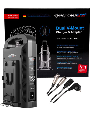 Platinum 2-channel charger for V-Mount 6A * 2 USB-C: PD100W Out including 4-pin XLR cable