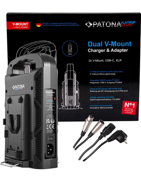 Platinum 2-channel charger for V-Mount 6A * 2 USB-C: PD100W Out including 4-pin XLR cable